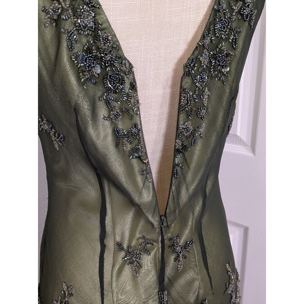 Vintage Silk Prom Dress Midi Gown L Green Y2K Fairy Floral Bead 90s Nymph Guest - Picture 4 of 11